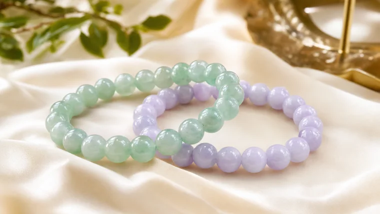 สร้อยข้อมือหยกพม่าแท้สีเขียวมิ้นท์และม่วงลาเวนเดอร์